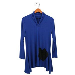 Kozan V-neck Asymmetrical Hem Blue Long Sleeve Black Pocket Tunic Top XS